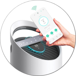 Smart Air Purifier with the TruSens App on a phone being held close. 