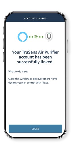 Phone with Amazon Alexa App open, showing the TruSens Air Purifier successfully linking screen. 
