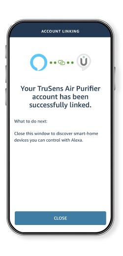 Phone with Amazon Alexa App open, showing the TruSens Air Purifier successfully linking screen. 