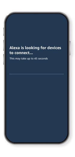 Phone with the Amazon Alexa App open, showing the Alexa looking for devices screen. 