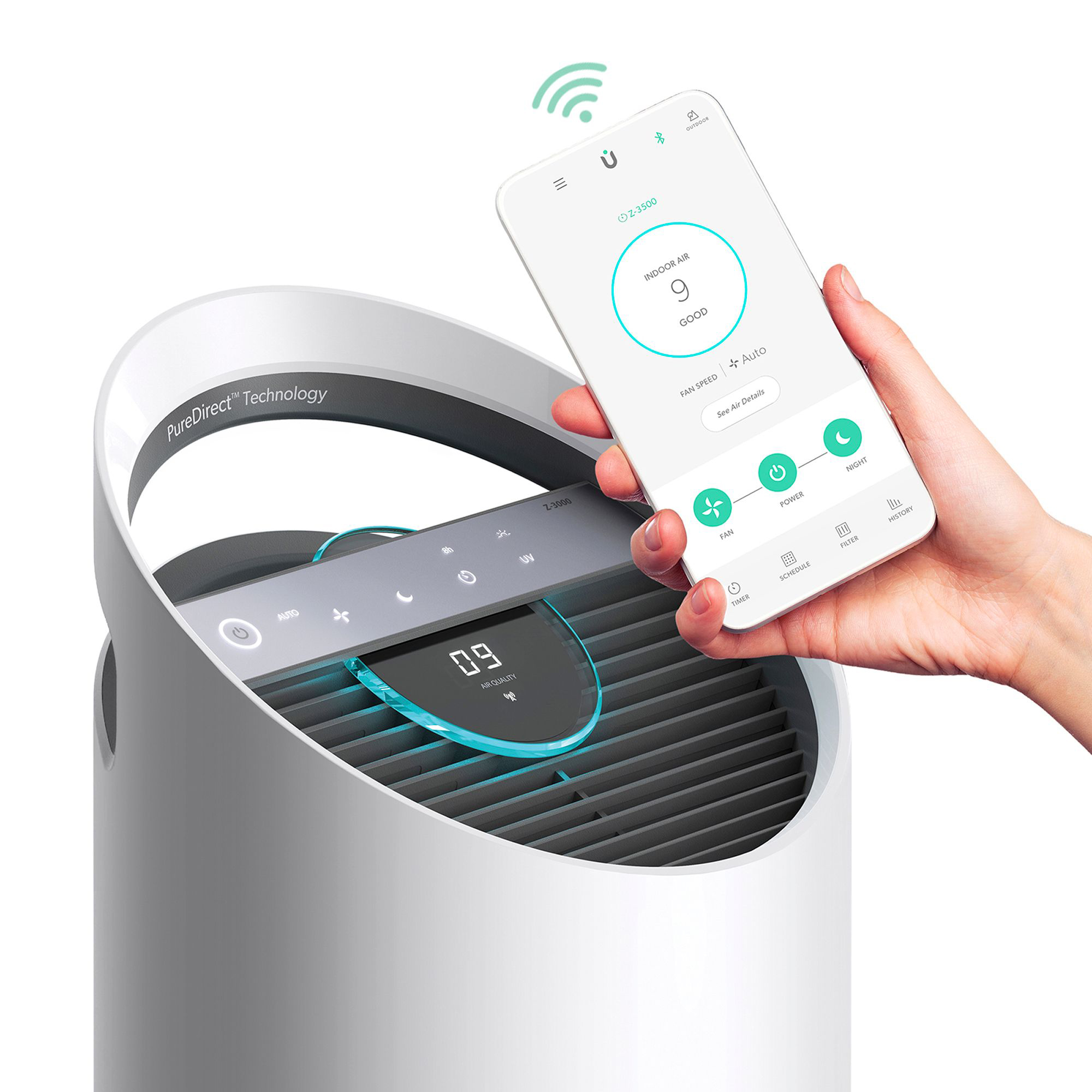 Close up of a TruSens Air Purifier with a hand showing the main screen for the TruSens App.