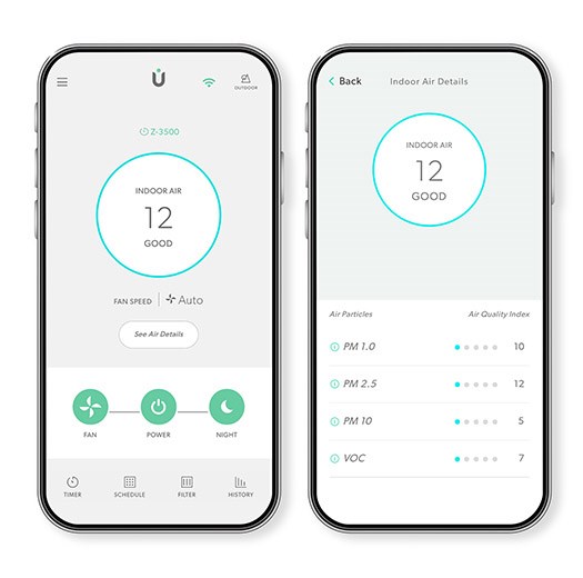 Two phones showing the indoor air quality reading feature on the TruSens App.