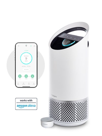 Medium TruSens Smart Air Purifier next to phone with the TruSens App opened. 