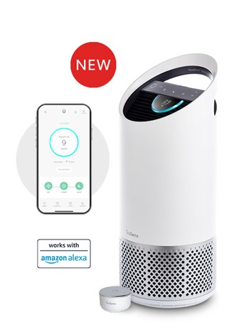 Medium TruSens Smart Air Purifier next to phone with the TruSens App opened. 