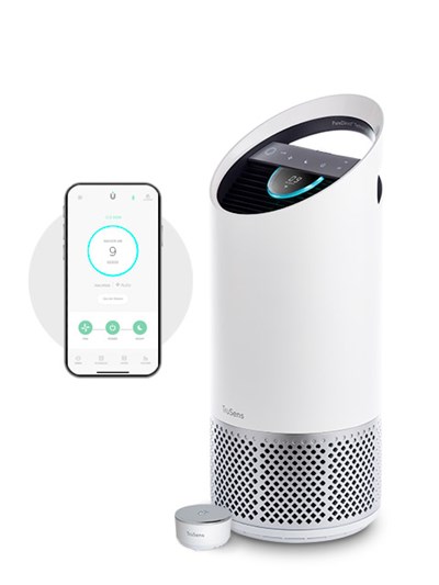 Medium TruSens Smart Air Purifier next to phone with the TruSens App opened. 