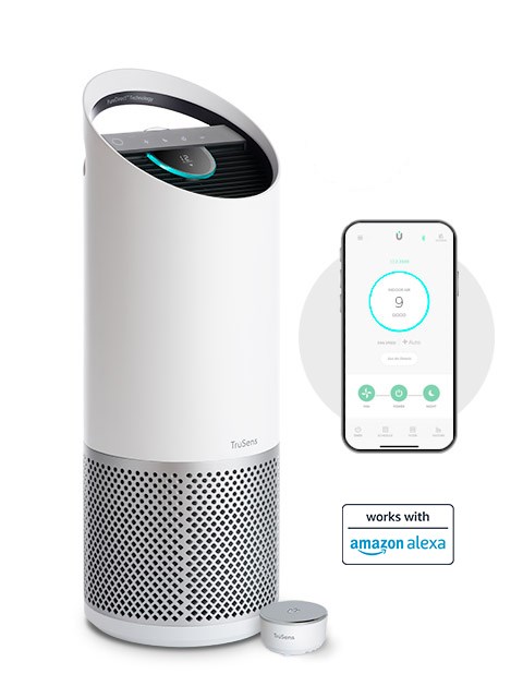 Large TruSens Smart Air Purifier next to phone with the TruSens App opened. 