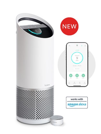 Large TruSens Smart Air Purifier next to phone with the TruSens App opened. 