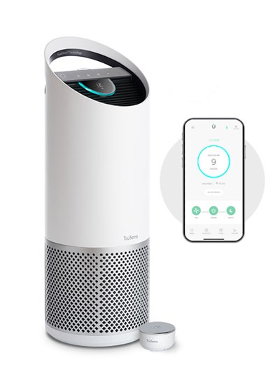 Large TruSens Smart Air Purifier next to phone with the TruSens App opened.