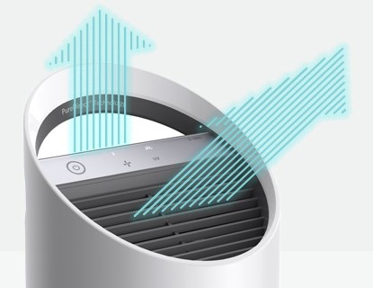 PureDirect Airflow Visualization, with two arrows coming out of the small TruSens Air Purifier.