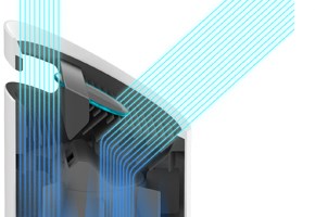 Rendering of the inside of a TruSens Air Purifier and two arrows showing the direction of airflow.