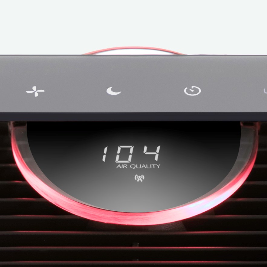 Close up of the front of a TruSens Air Purifier, its air quality display on 
