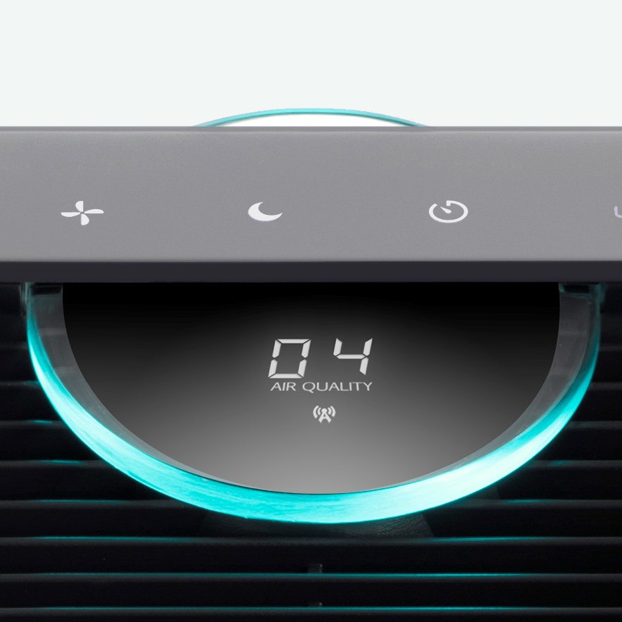 Close up of the front of a TruSens Air Purifier, its air quality display on 
