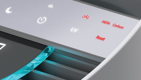 TruSens control panel with replacement light indicators on for the HEPA, Carbon, and UV-C light.