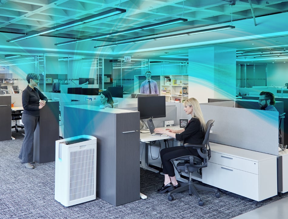 TruSens performance series air purifier sending clean air throughout an office space